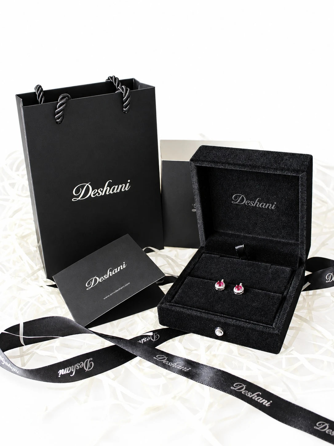 Silver Ruby-Red CZ Bezel Studs in Deshani gift-ready packaging