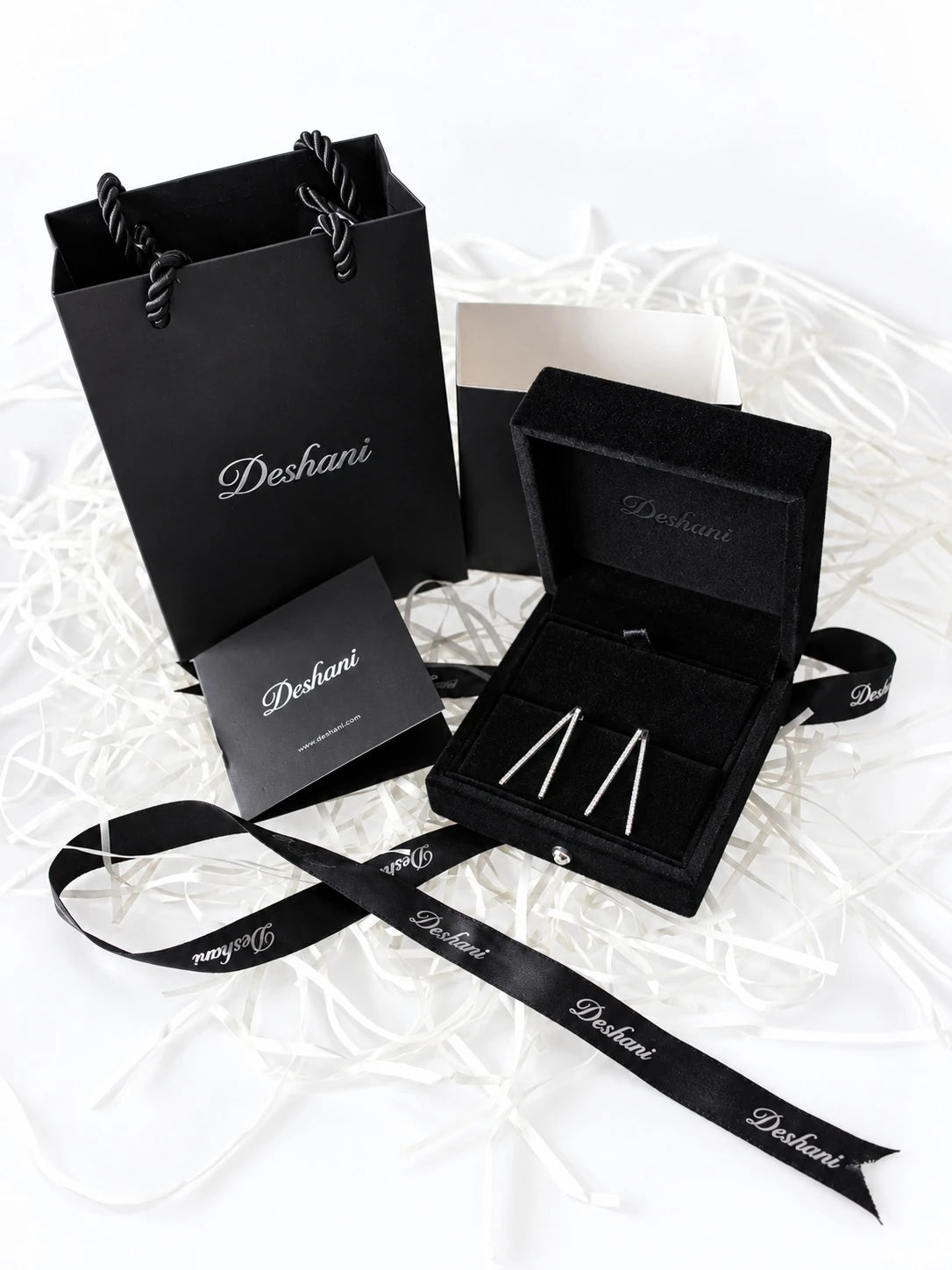 Silver Linear Pave Studs in Deshani gift-ready packaging