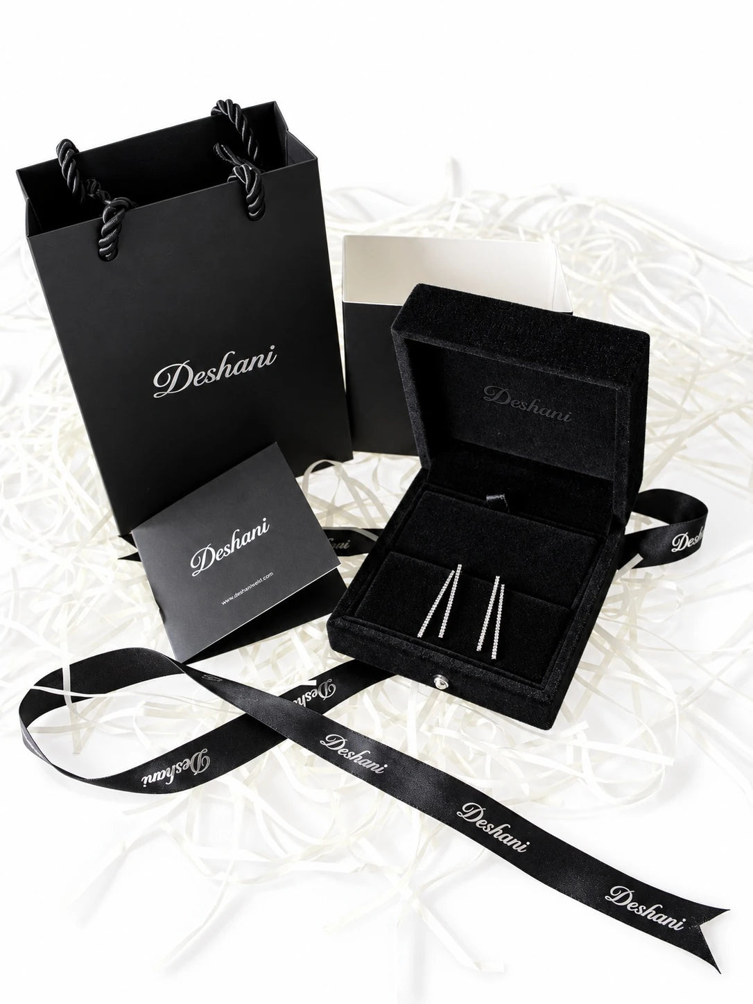 Black Silver Linear Pave Studs in Deshani gift-ready packaging