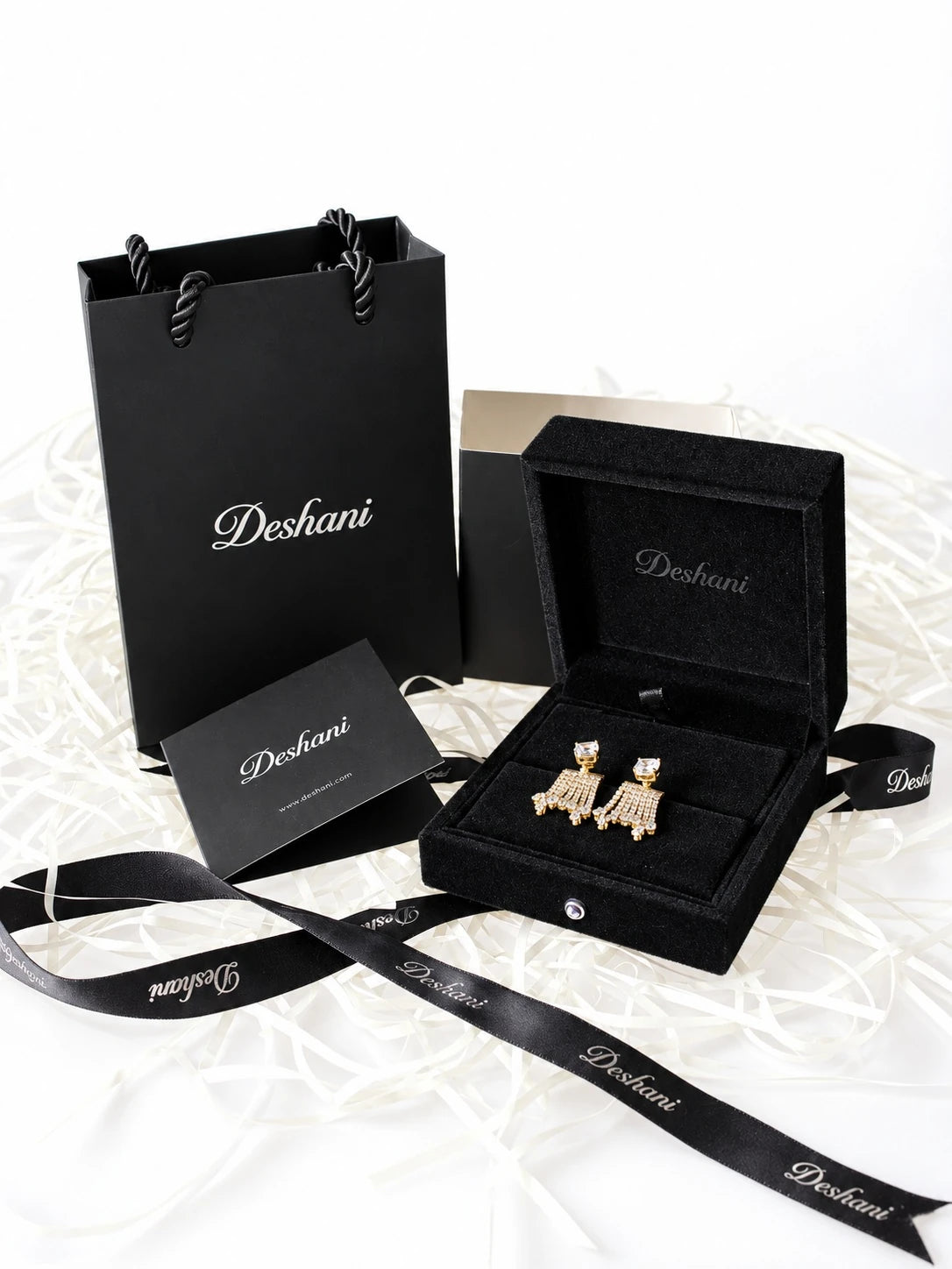 Gold Cascade Jacket Studs in Deshani gift-ready packaging