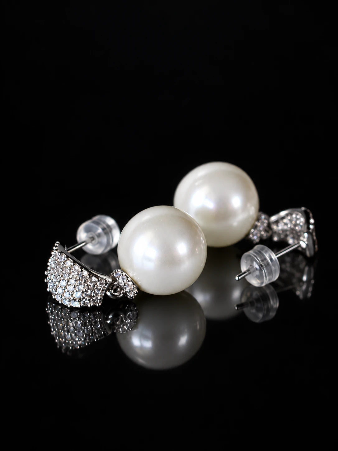 Silver Pearl Pave Studs on a black background