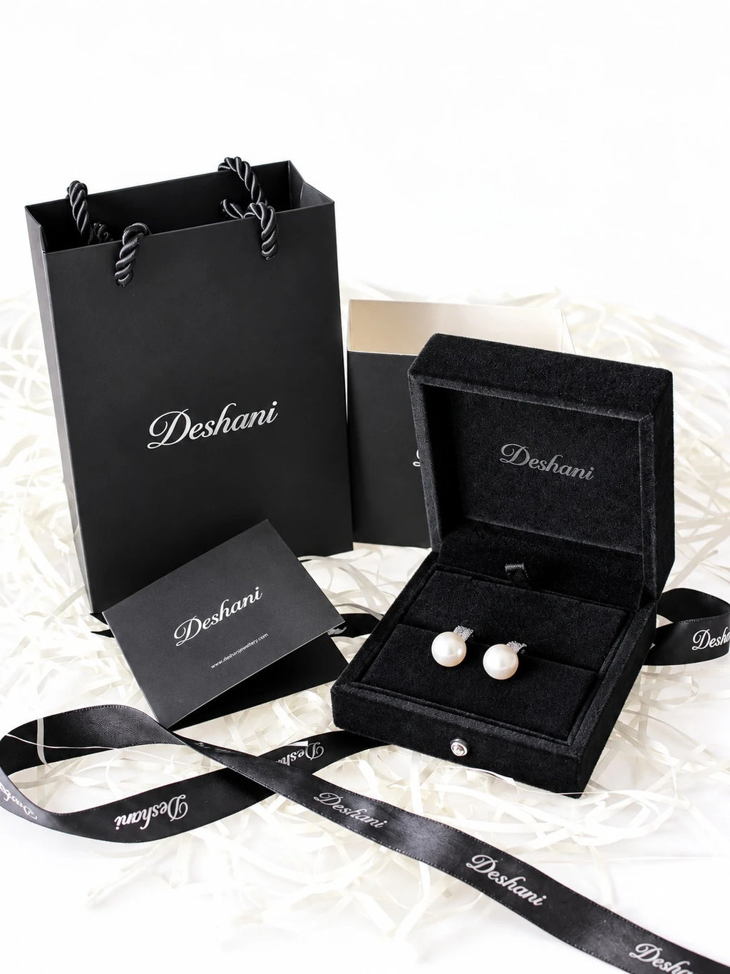 Silver Pearl Pave Studs in Deshani gift-ready packaging