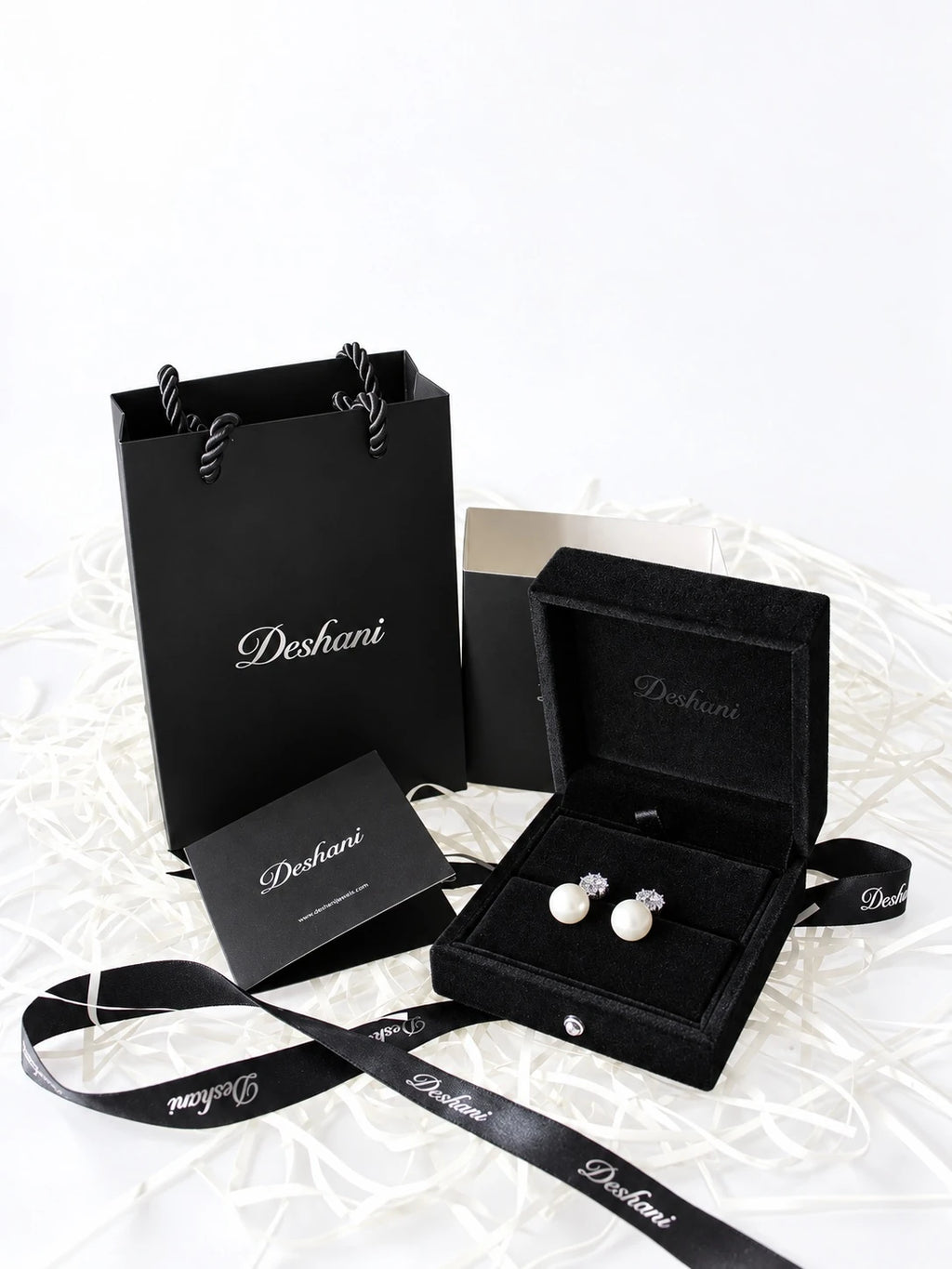 Silver Pearl Solitaire Studs in Deshani gift-ready packaging