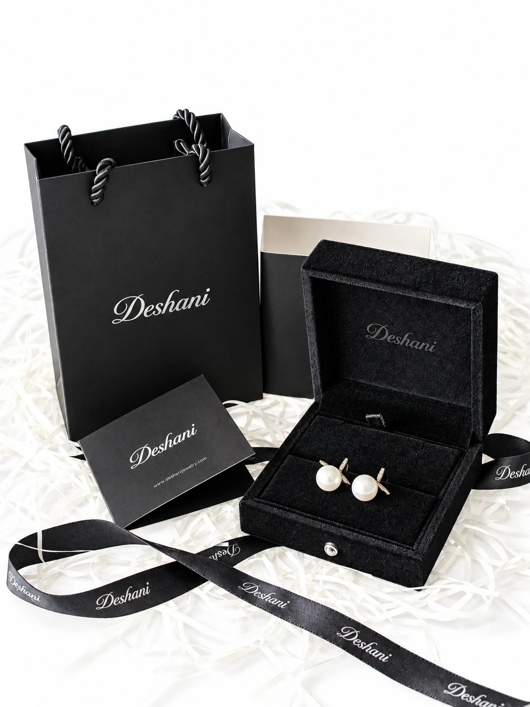 Gold Pearl Bow Studs in Deshani gift-ready packaging