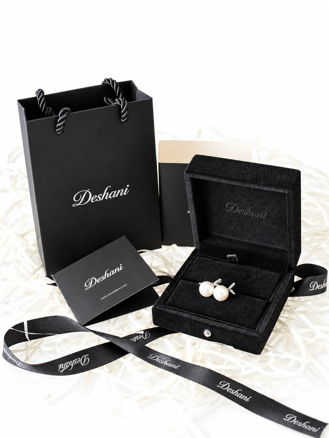 Silver Pearl Bow Studs in Deshani gift-ready packaging