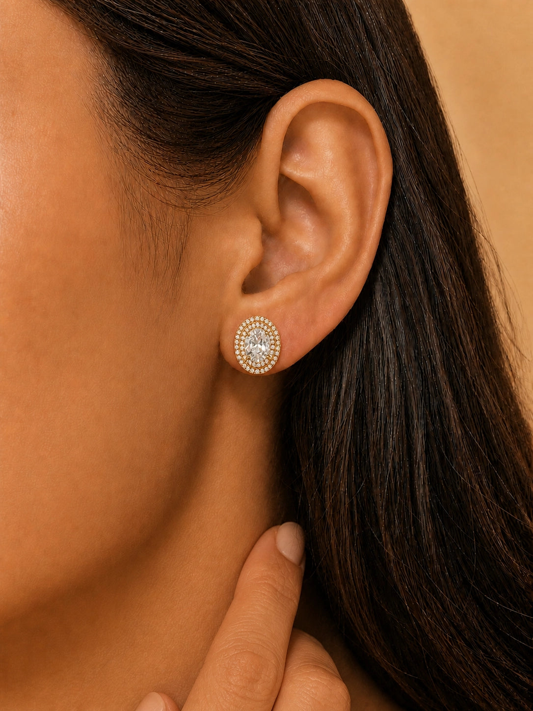 Oval Double Halo Stud Earrings