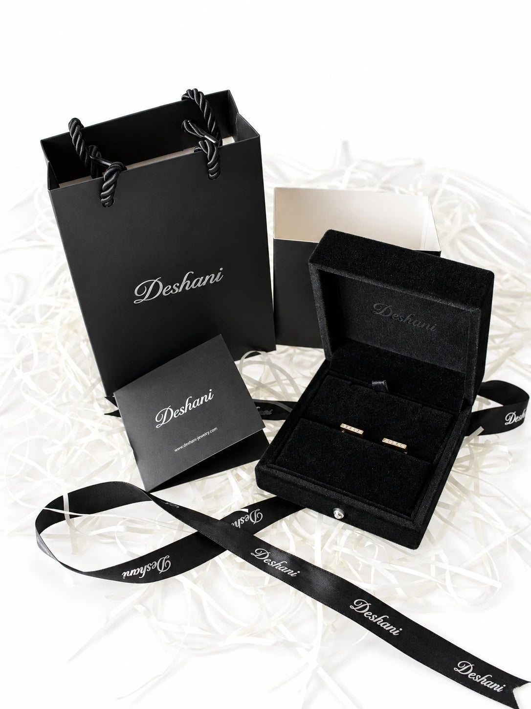 Gold Linear Pavé Huggies in Deshani gift-ready packaging
