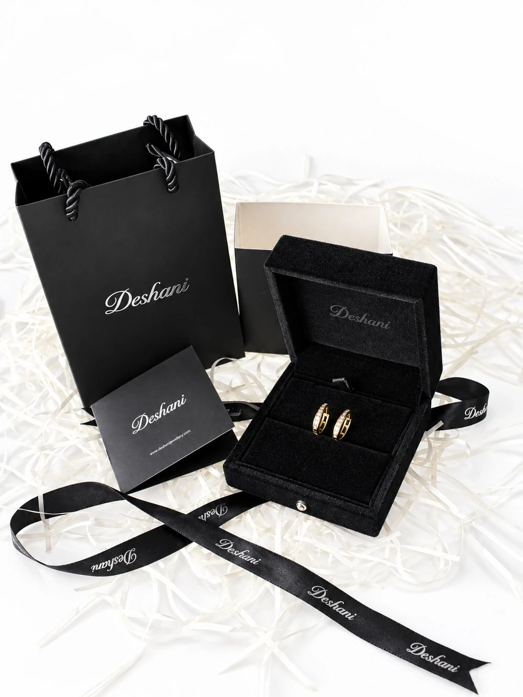 Gold Baguette Channel Hoops in Deshani gift-ready packaging