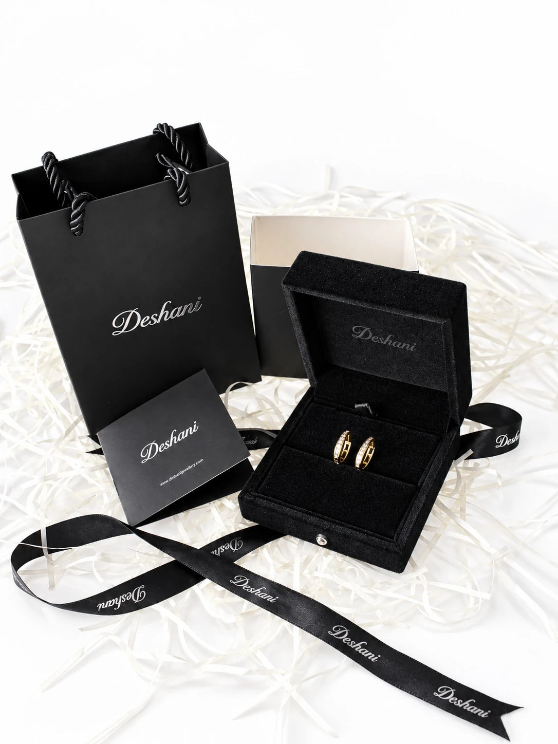 Gold Baguette Channel Hoops in Deshani gift-ready packaging