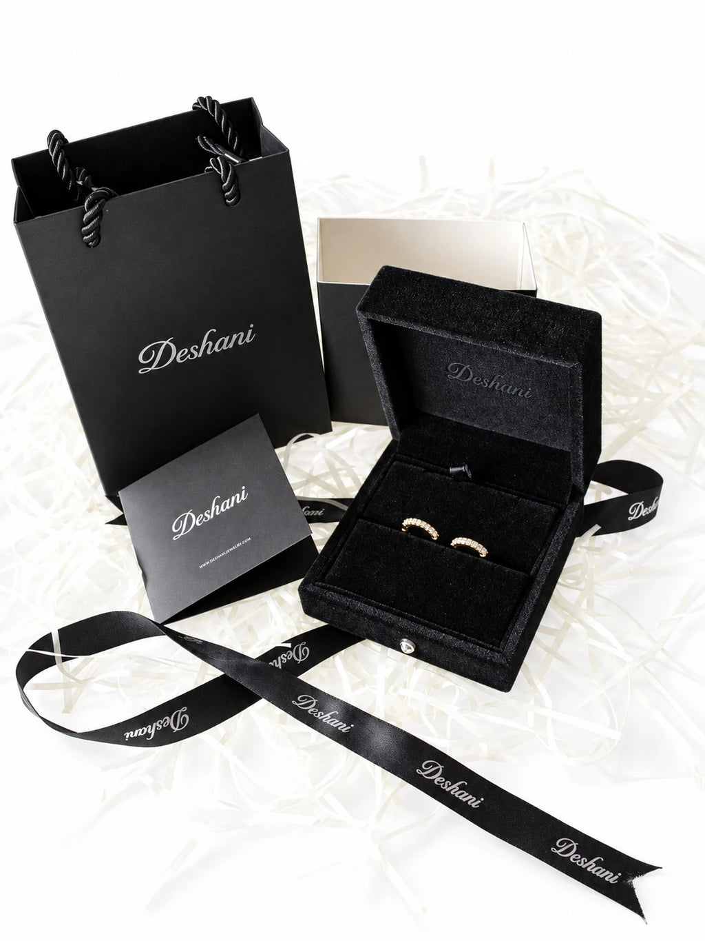 Gold Round Prong Hoops in Deshani gift-ready packaging