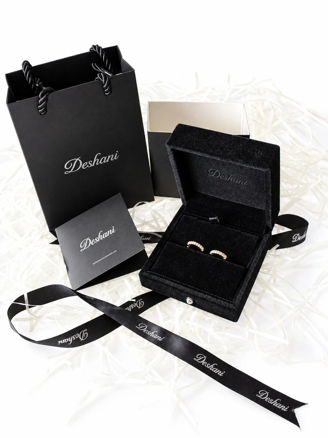 Gold Round Prong Hoops in Deshani gift-ready packaging