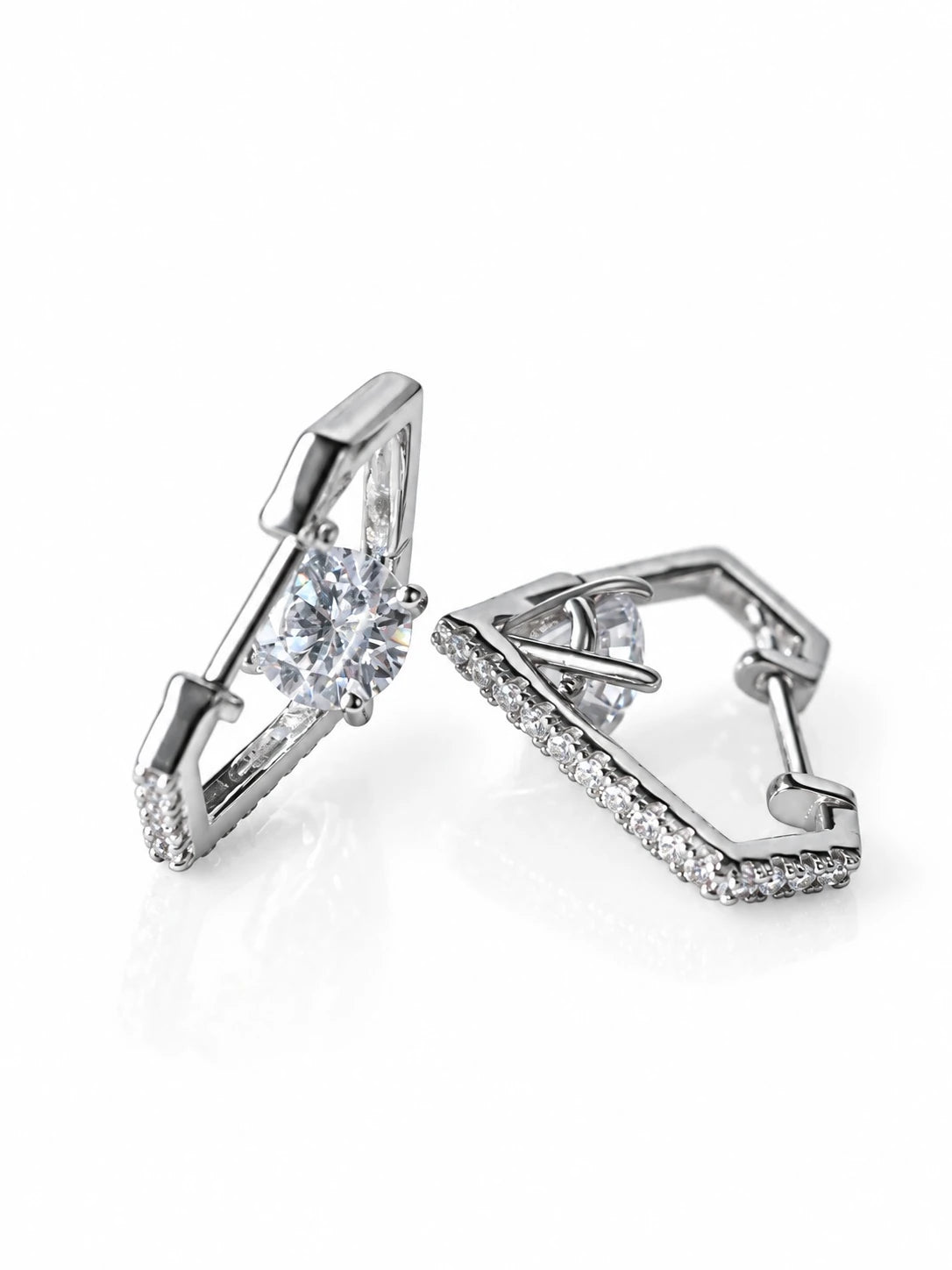 Silver Marquise Halo Huggies on a white background