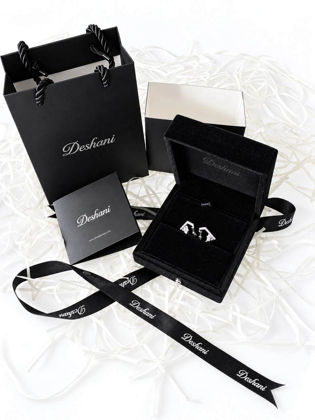 Silver Marquise Halo Huggies in Deshani gift-ready packaging