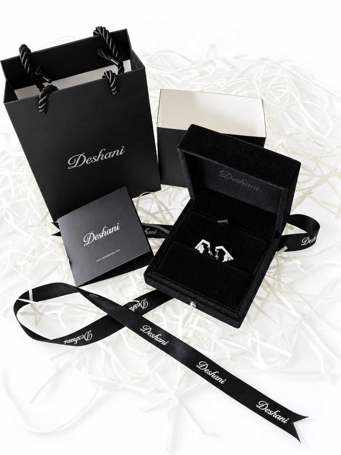 Silver Marquise Halo Huggies in Deshani gift-ready packaging
