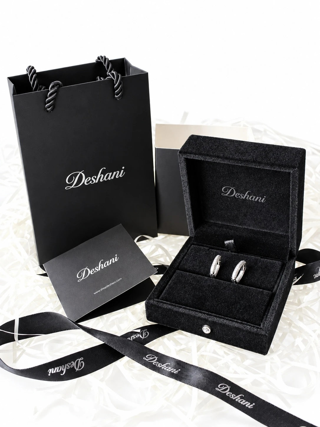 Silver Pave Oval Hoops in Deshani gift-ready packaging