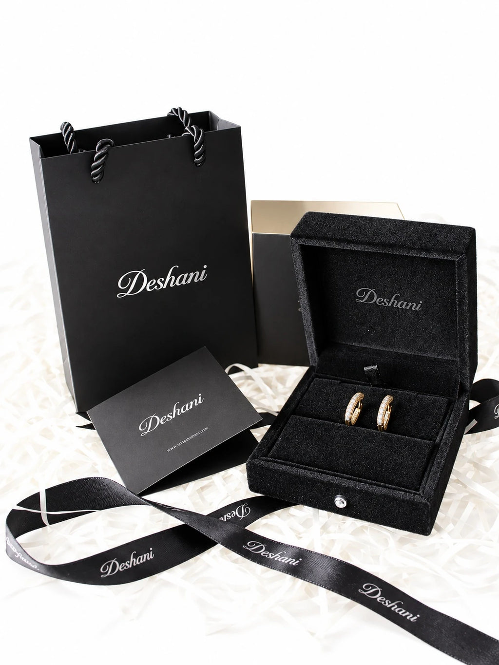 Gold Pave Oval Hoops in Deshani gift-ready packaging