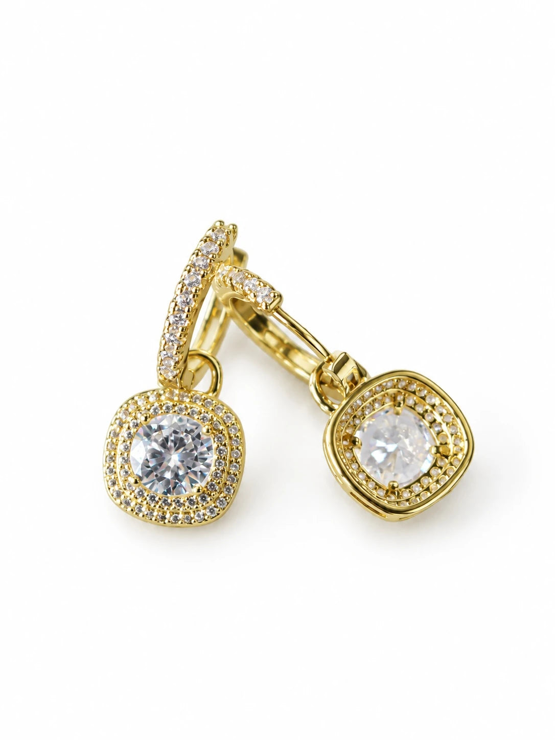 Gold Cushion Halo Drop Hoops on a white background