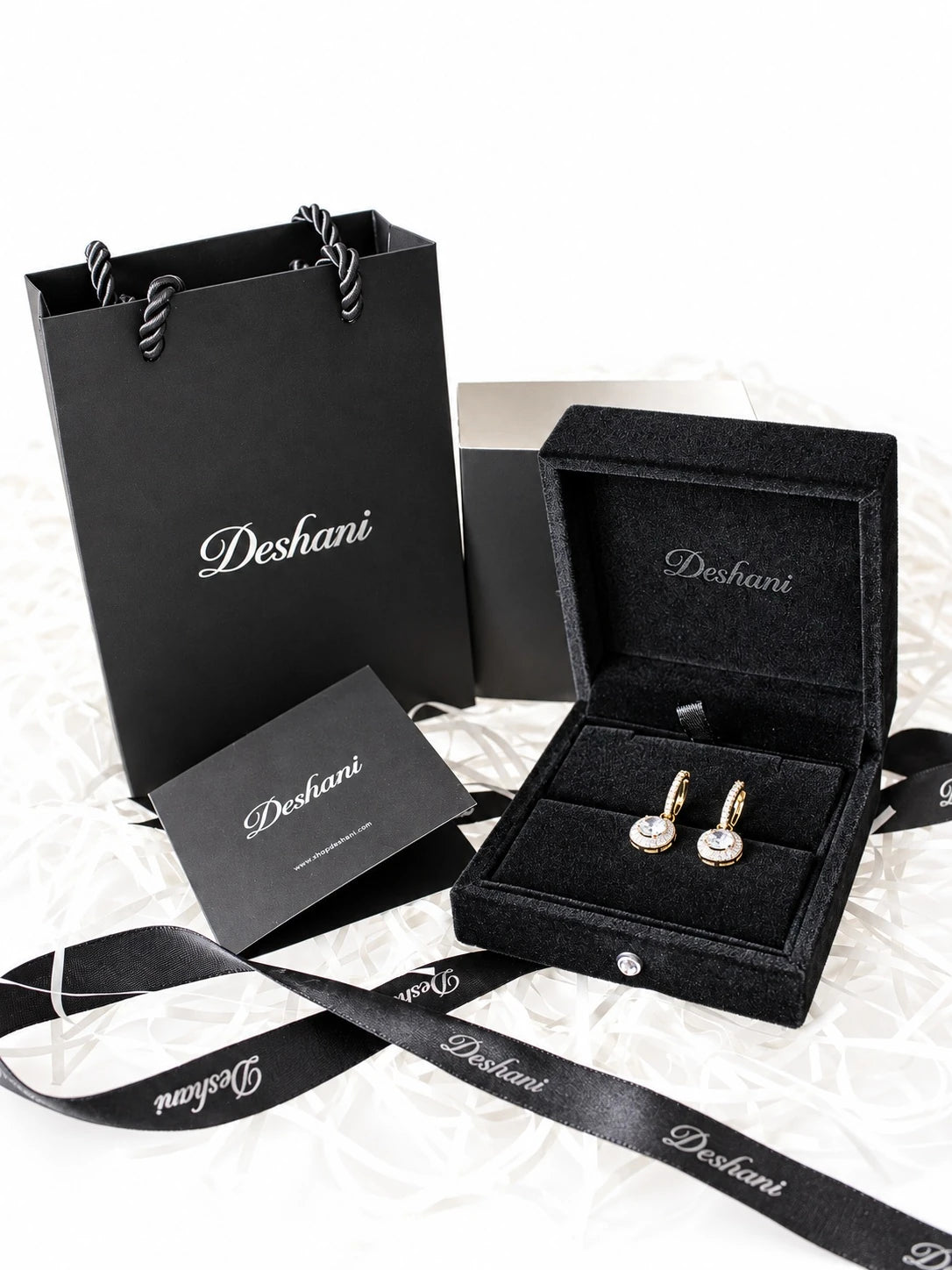 Gold Cushion Halo Drop Hoops in Deshani gift-ready packaging