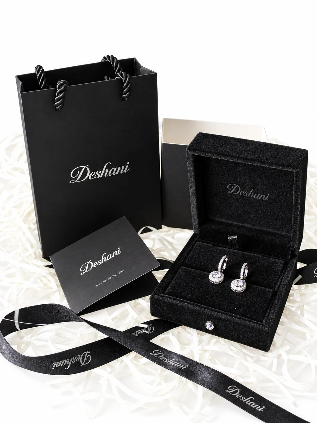 Silver Cushion Halo Drop Hoops in Deshani gift-ready packaging