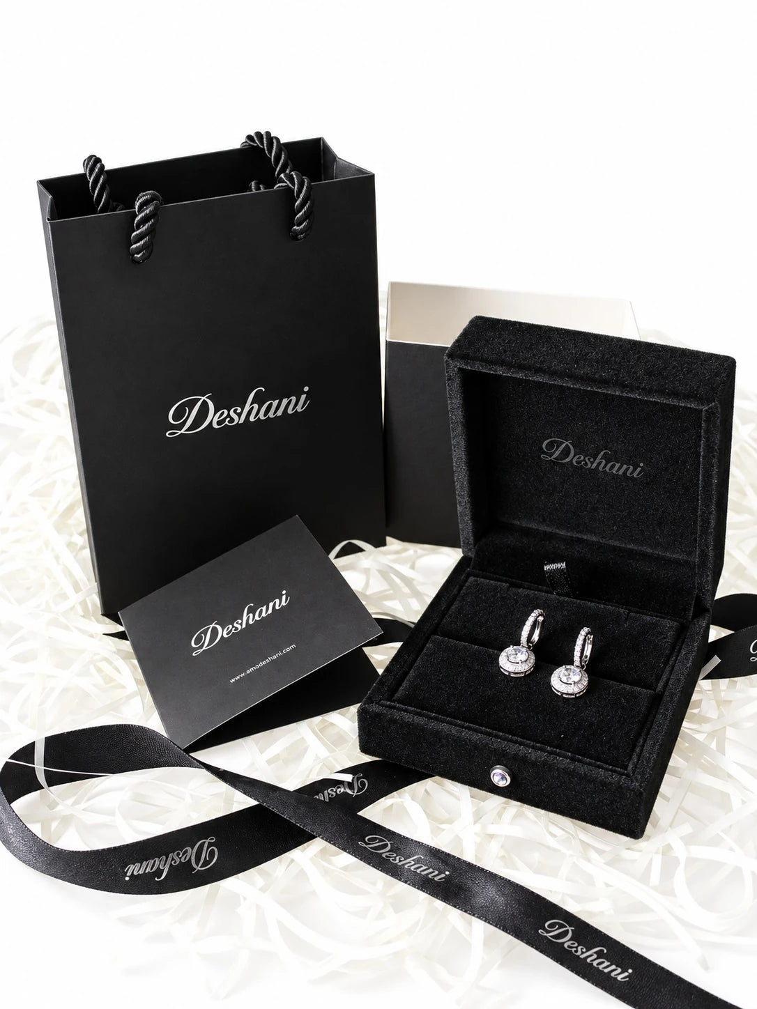 Silver Cushion Halo Drop Hoops in Deshani gift-ready packaging