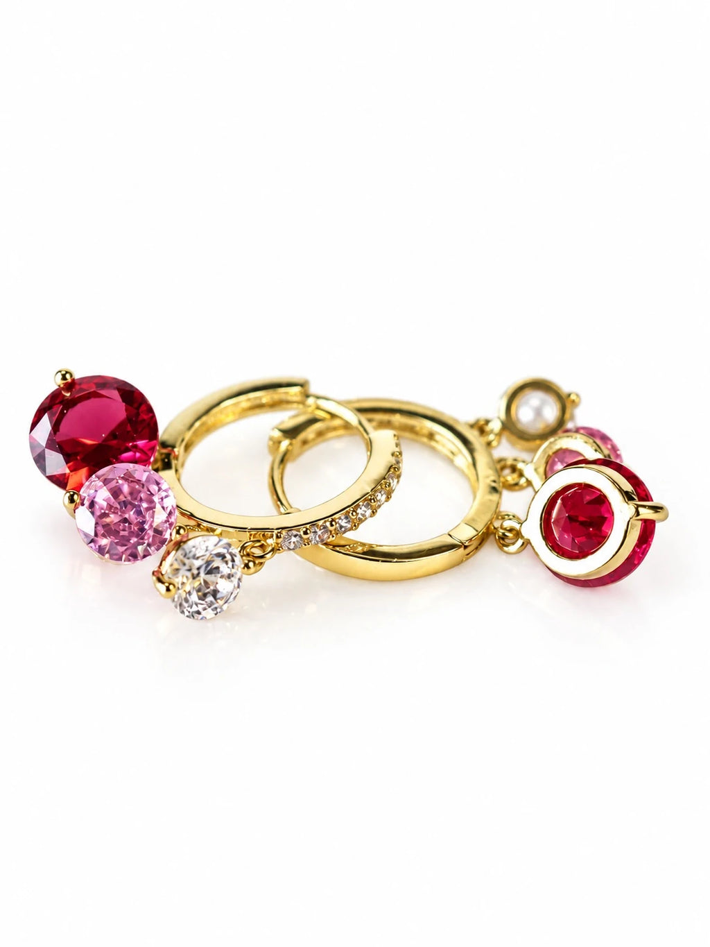 Gold Ruby Charm Hoops on a white background