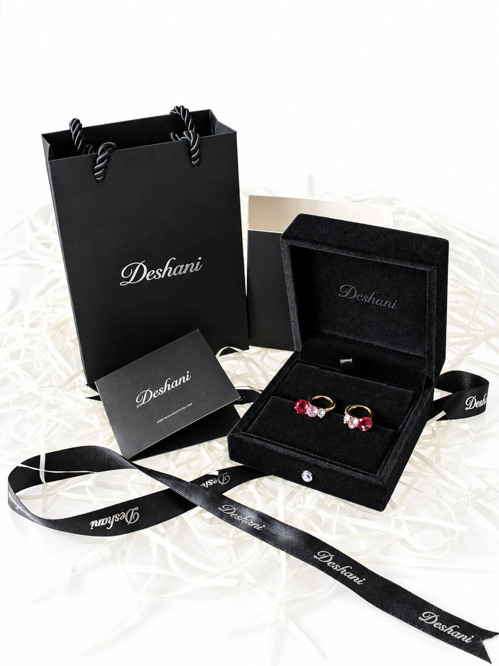 Gold Ruby Charm Hoops in Deshani gift-ready packaging