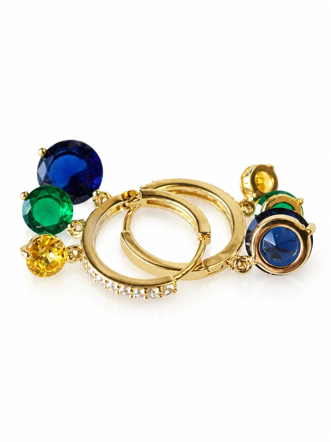 Gold Sapphire Charm Hoops on a white background