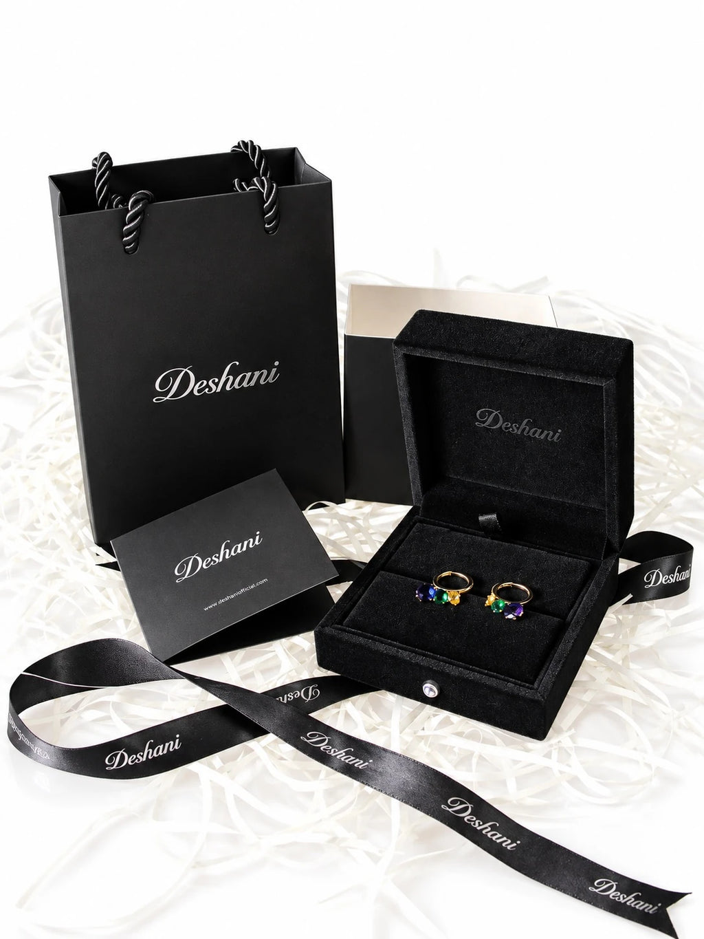 Gold Sapphire Charm Hoops in Deshani gift-ready packaging