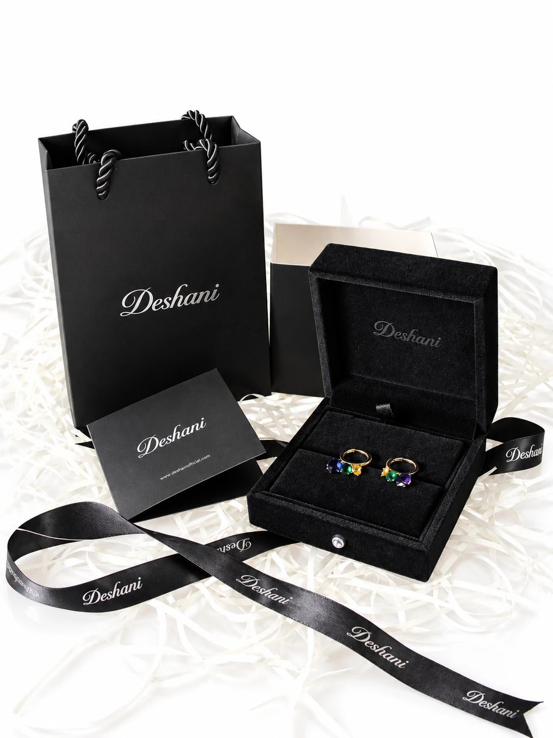 Gold Sapphire Charm Hoops in Deshani gift-ready packaging