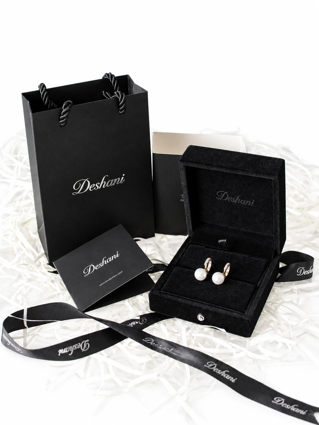 Gold Pearl Drop Hoops in Deshani gift-ready packaging