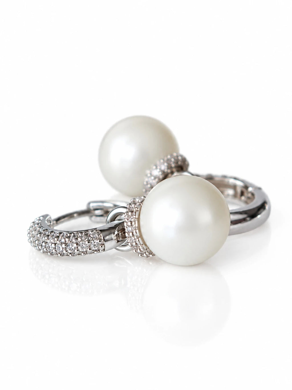 Silver Pearl Drop Hoops on a white background