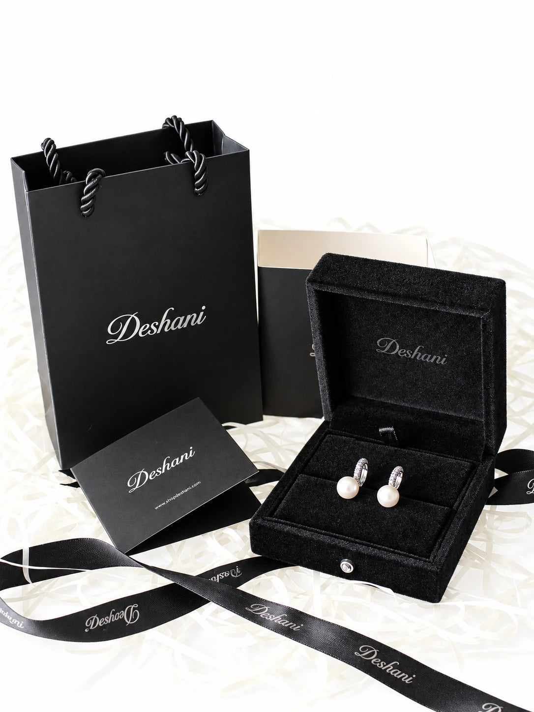 Silver Pearl Drop Hoops in Deshani gift-ready packaging