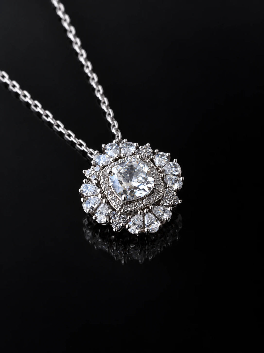 Silver Floral Cluster Necklace on a black background