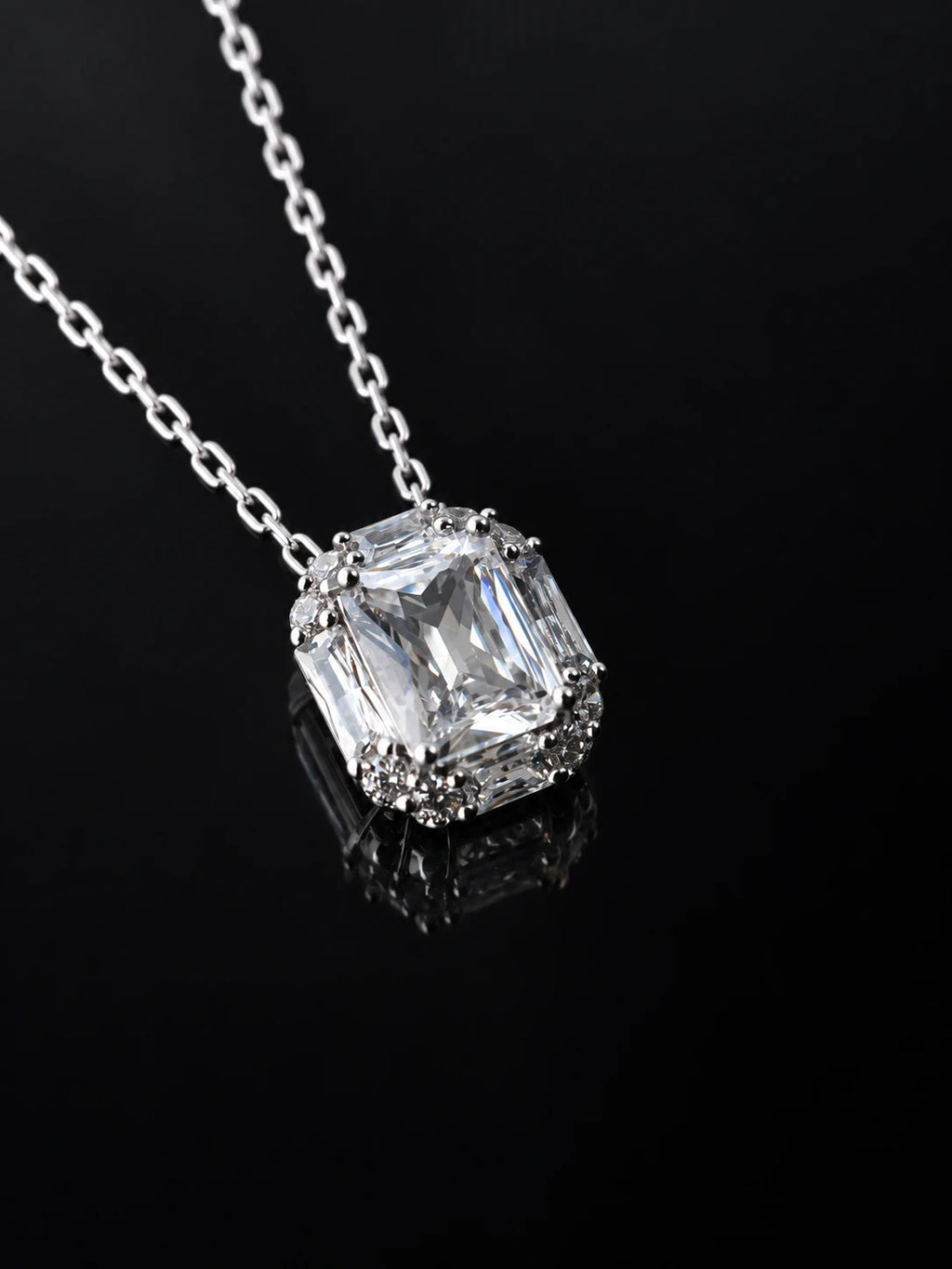 Silver Square Solitaire Necklace on a black background