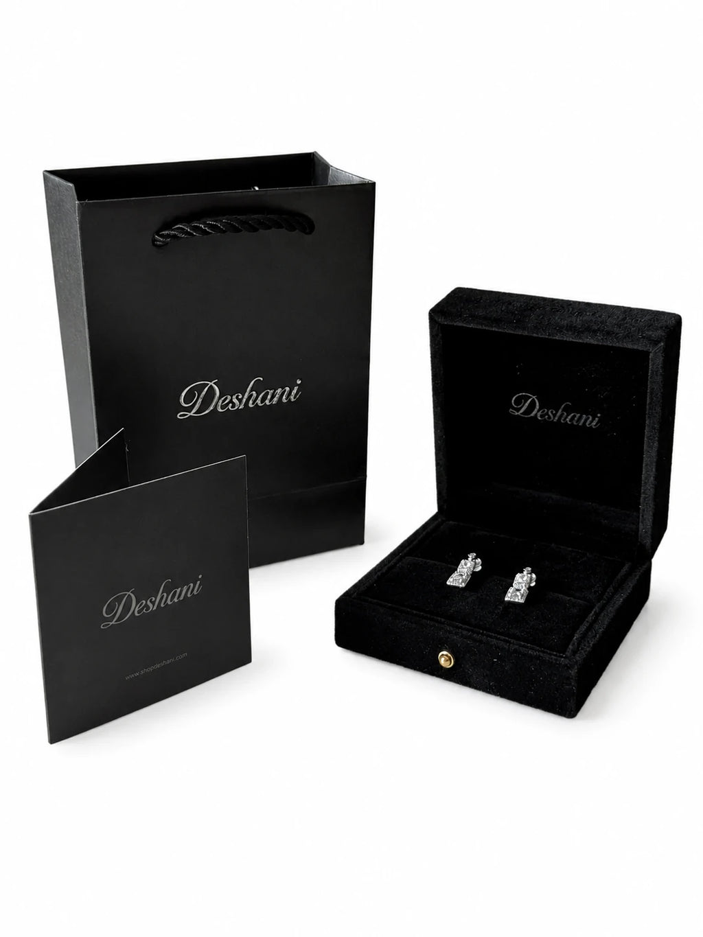 Detail view of Double Square Halo Drop Earrings