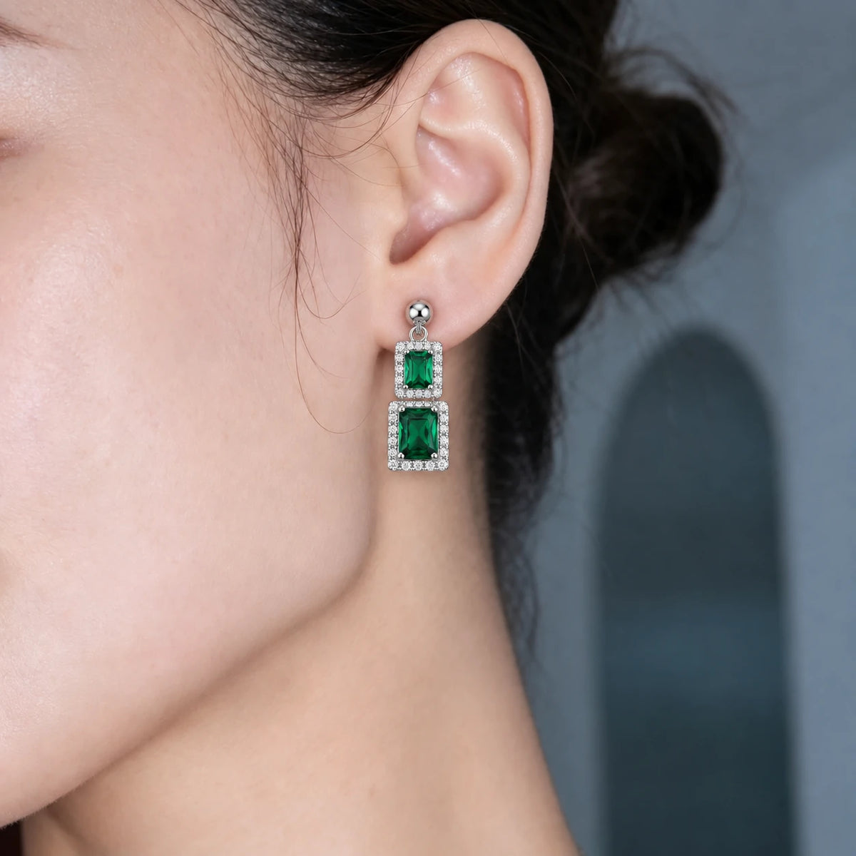 Double Emerald Square Drop Earrings