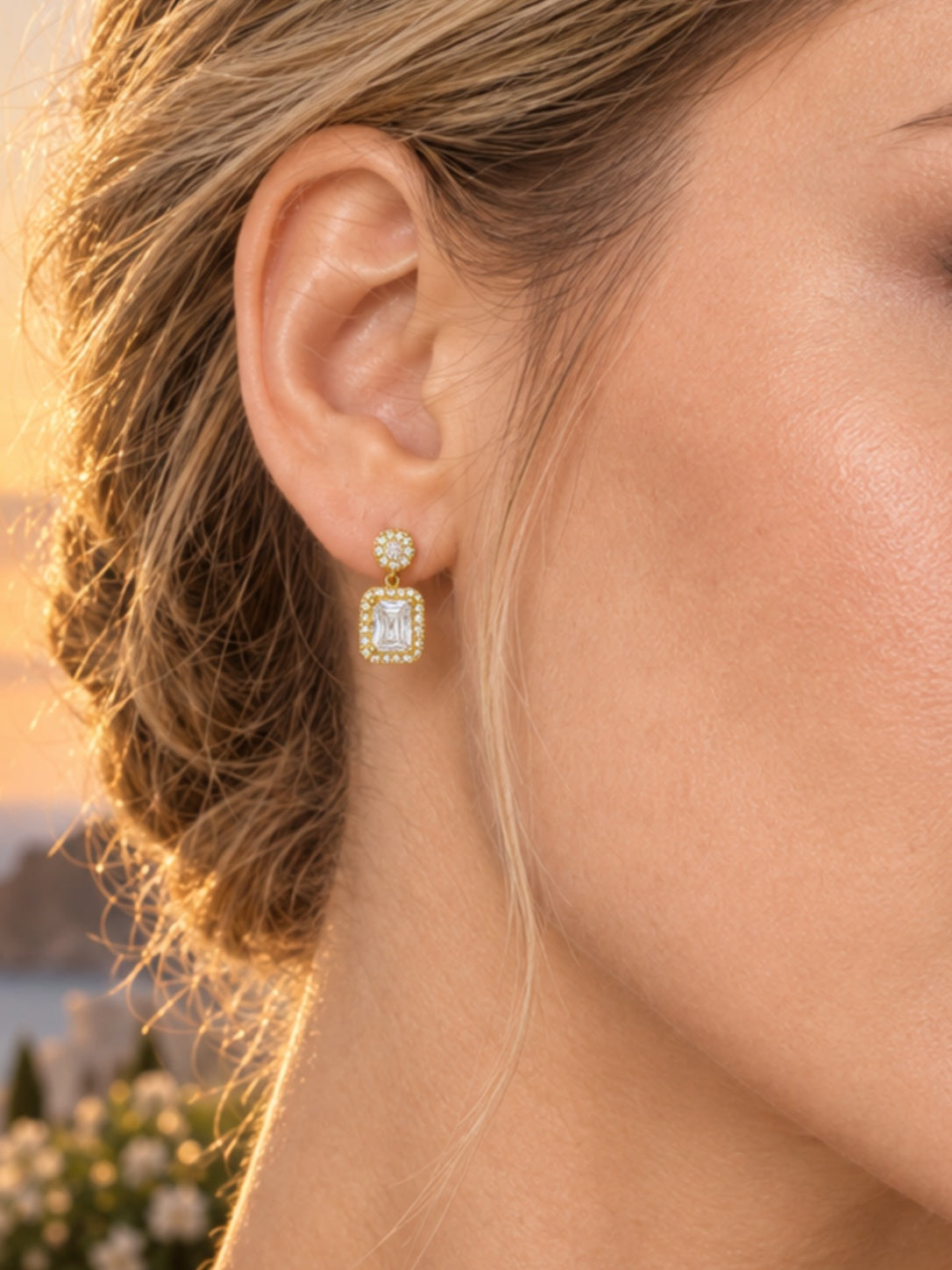 Side detail of Vintage Gold Square CZ Drop Earrings