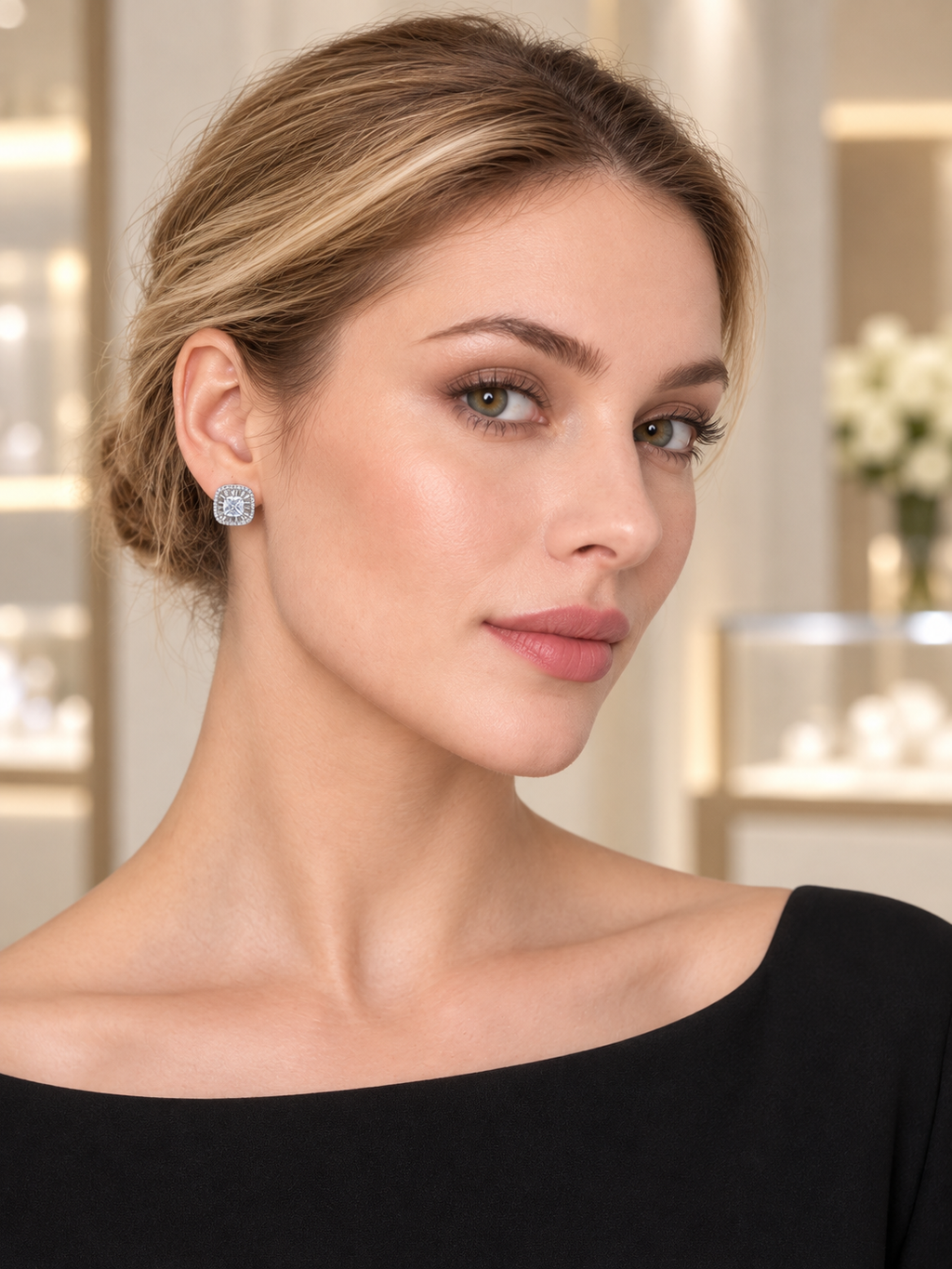 Model wearing Silver Sunburst Square Earrings