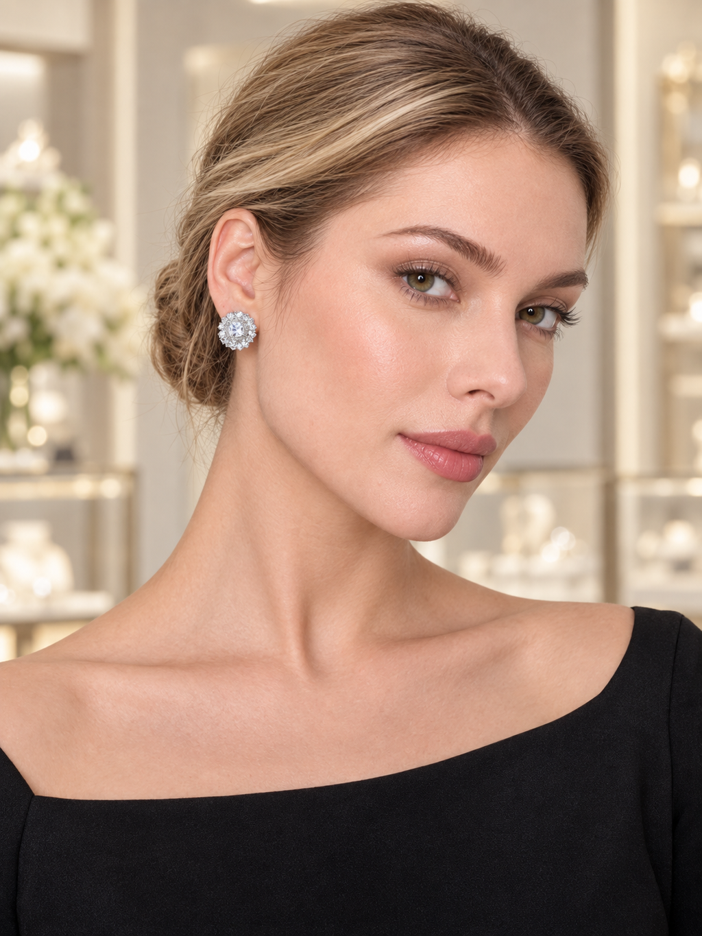 Model wearing Floral Star Cluster Stud Earrings