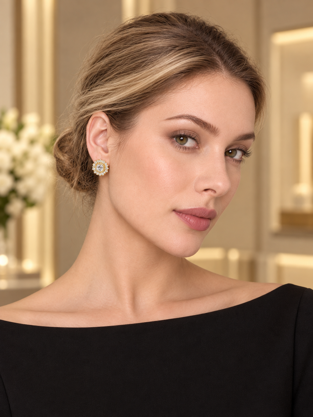 Model wearing Golden Floral Star Stud Earrings