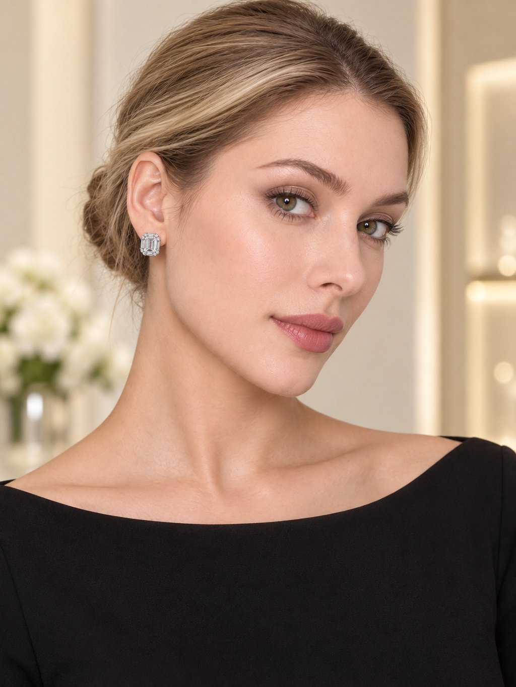 Model wearing Rectangular Step-Cut CZ Stud Earrings