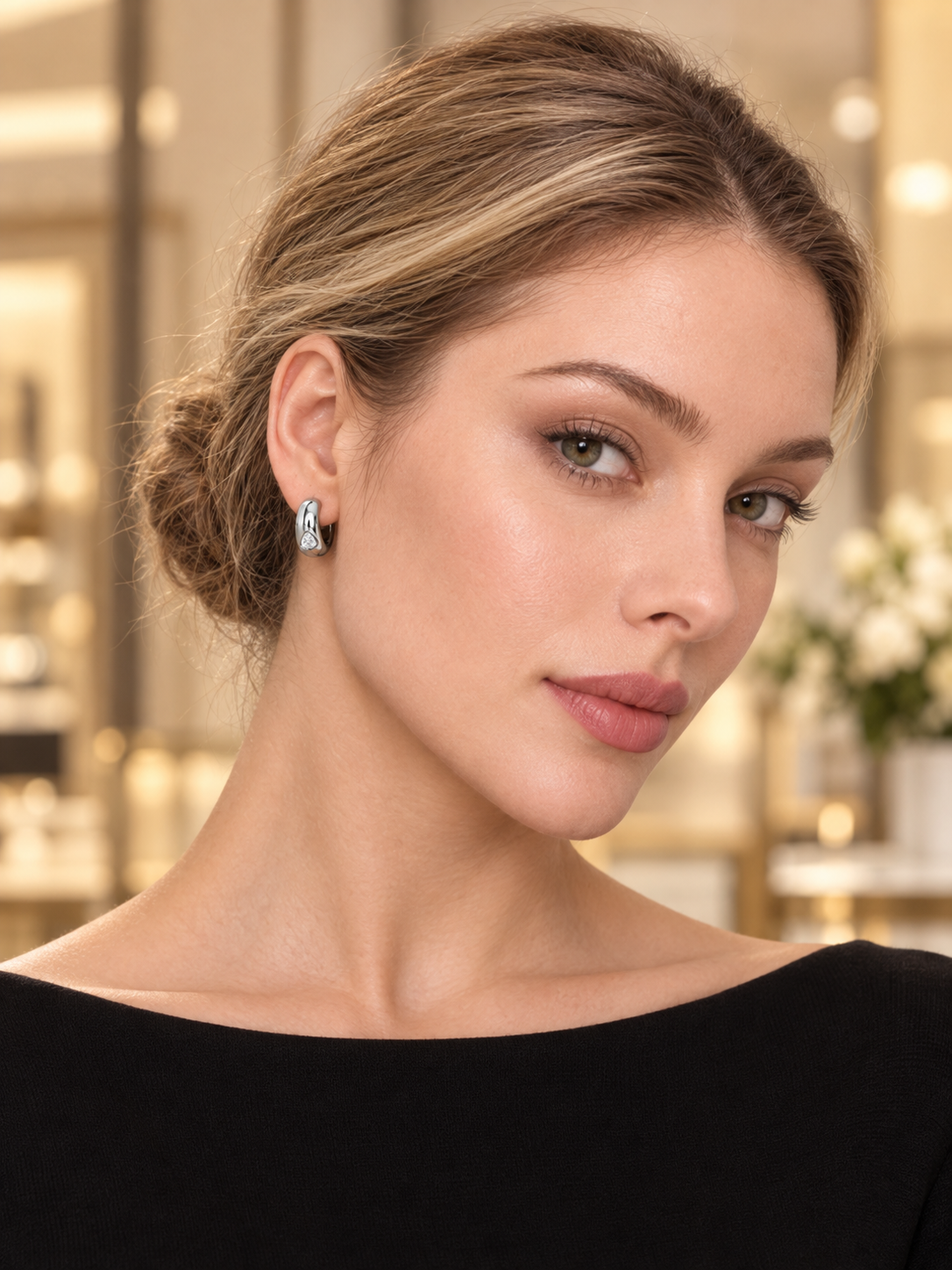 Model wearing Silver Curve CZ Studs