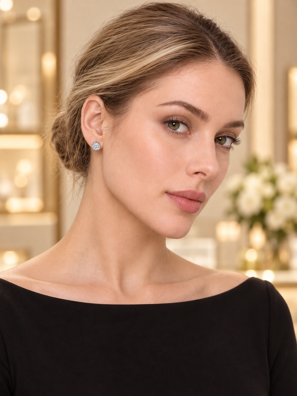 Model wearing Silver Crown CZ Studs