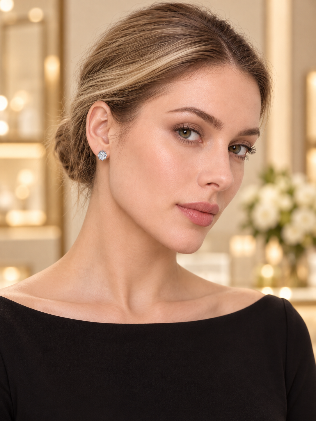 Model wearing Silver Crown CZ Studs