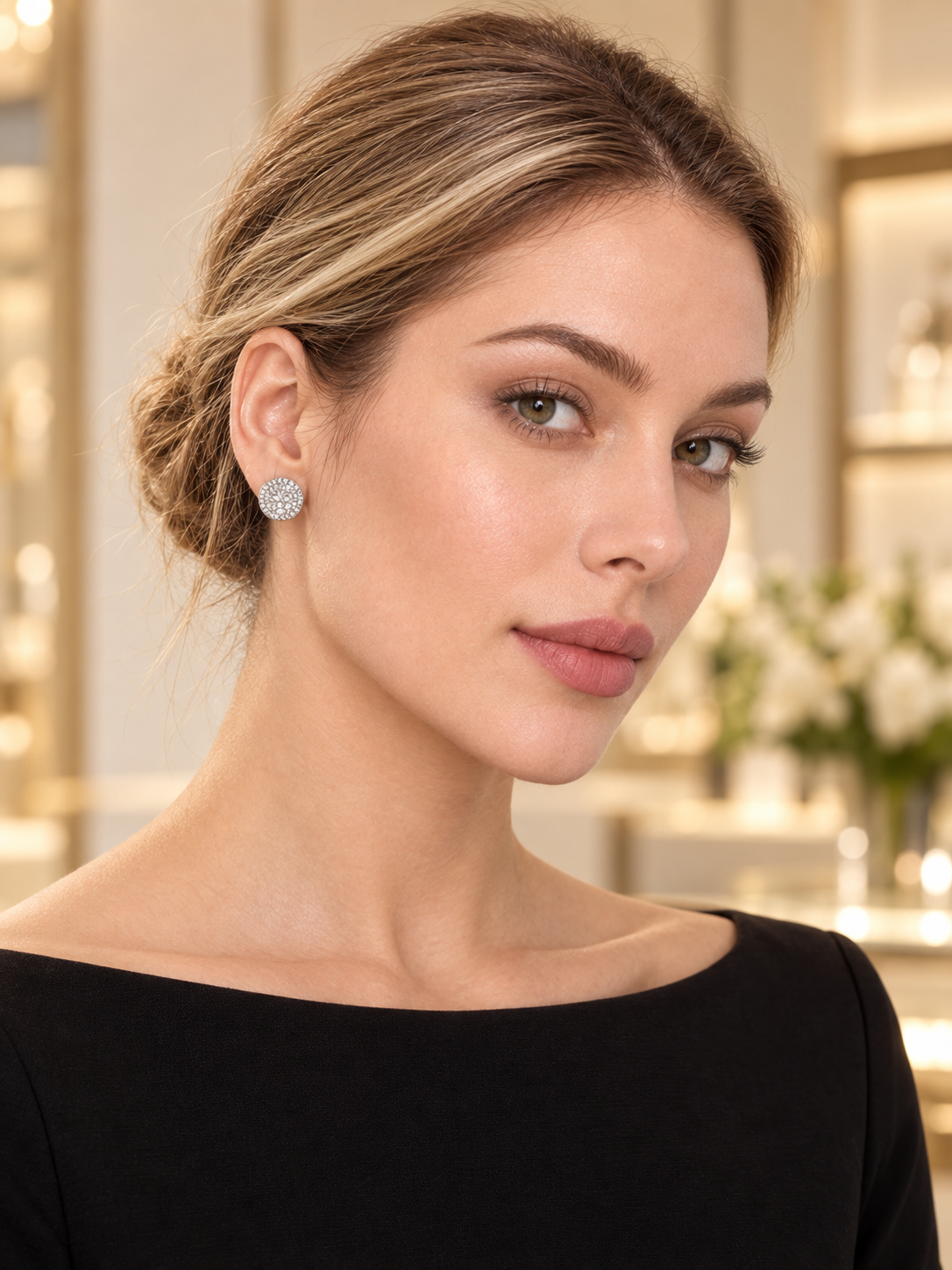 Model wearing Silver Pavé Disc Studs