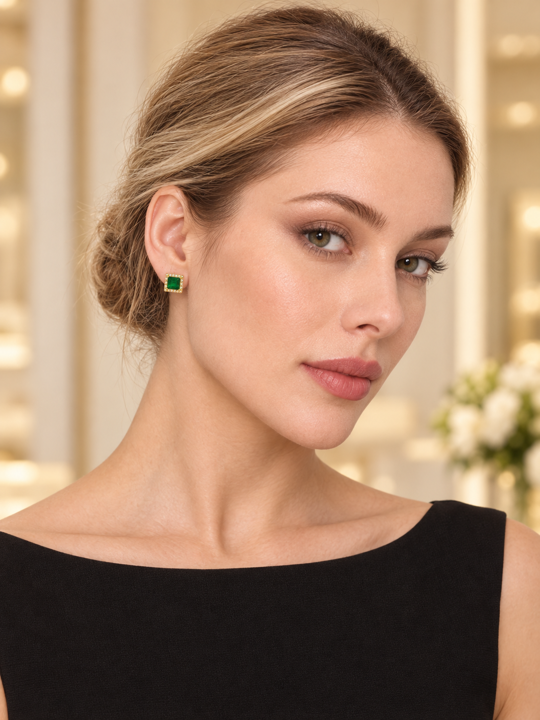 Model wearing Gold Round CZ Halo Studs