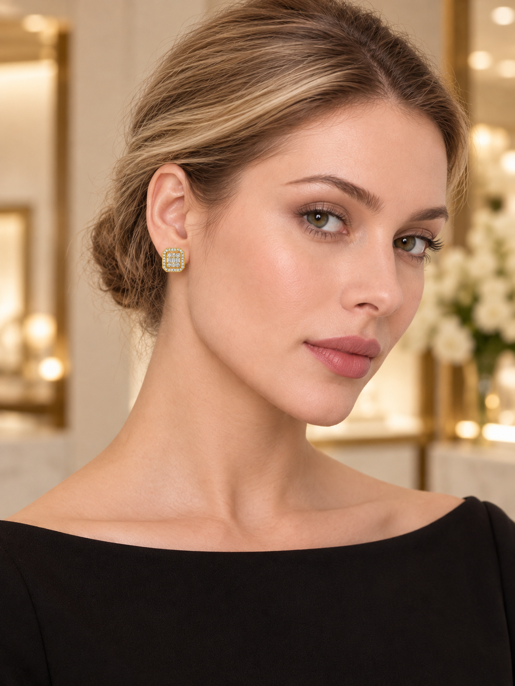 Model wearing Gold Emerald-Cut Halo Studs