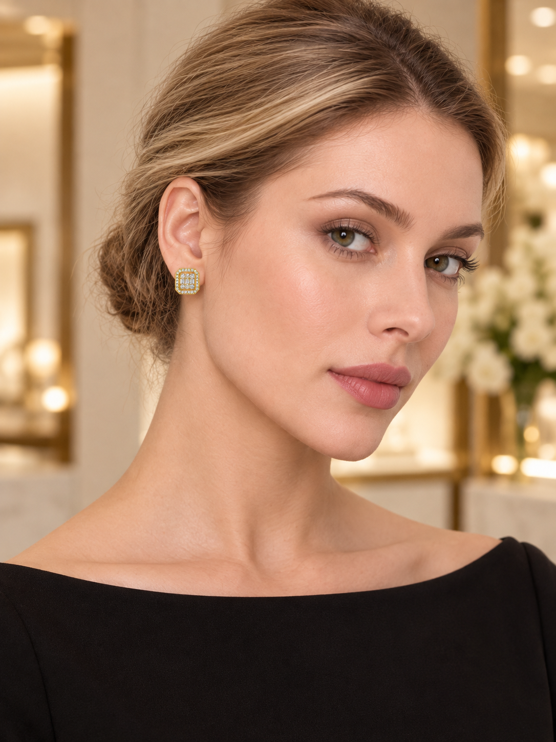 Model wearing Gold Emerald-Cut Halo Studs