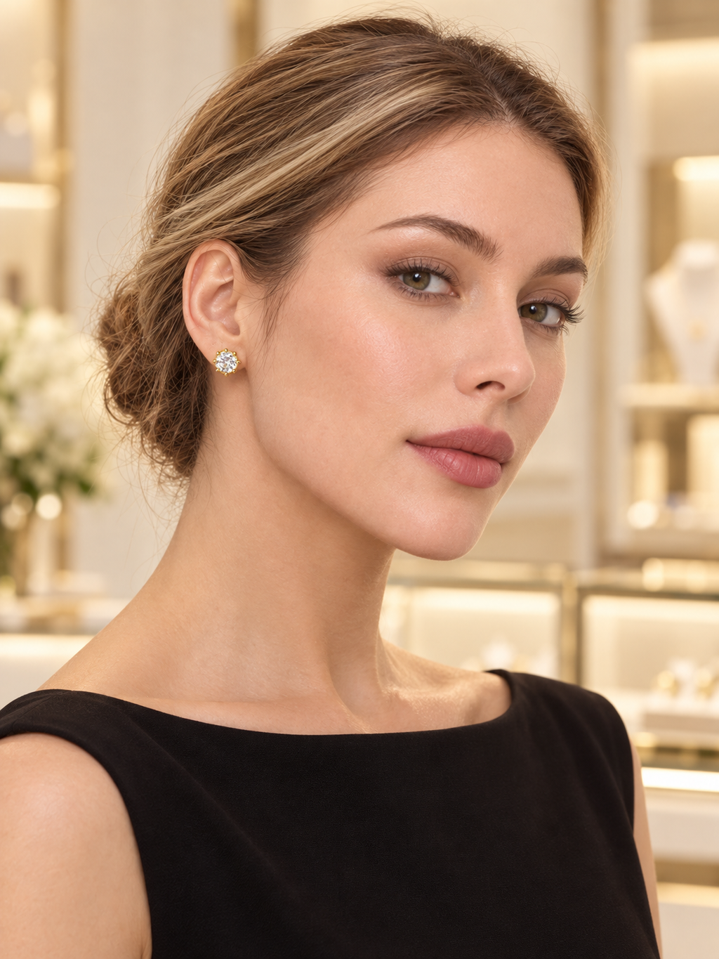 Model wearing Gold Crown Solitaire Studs