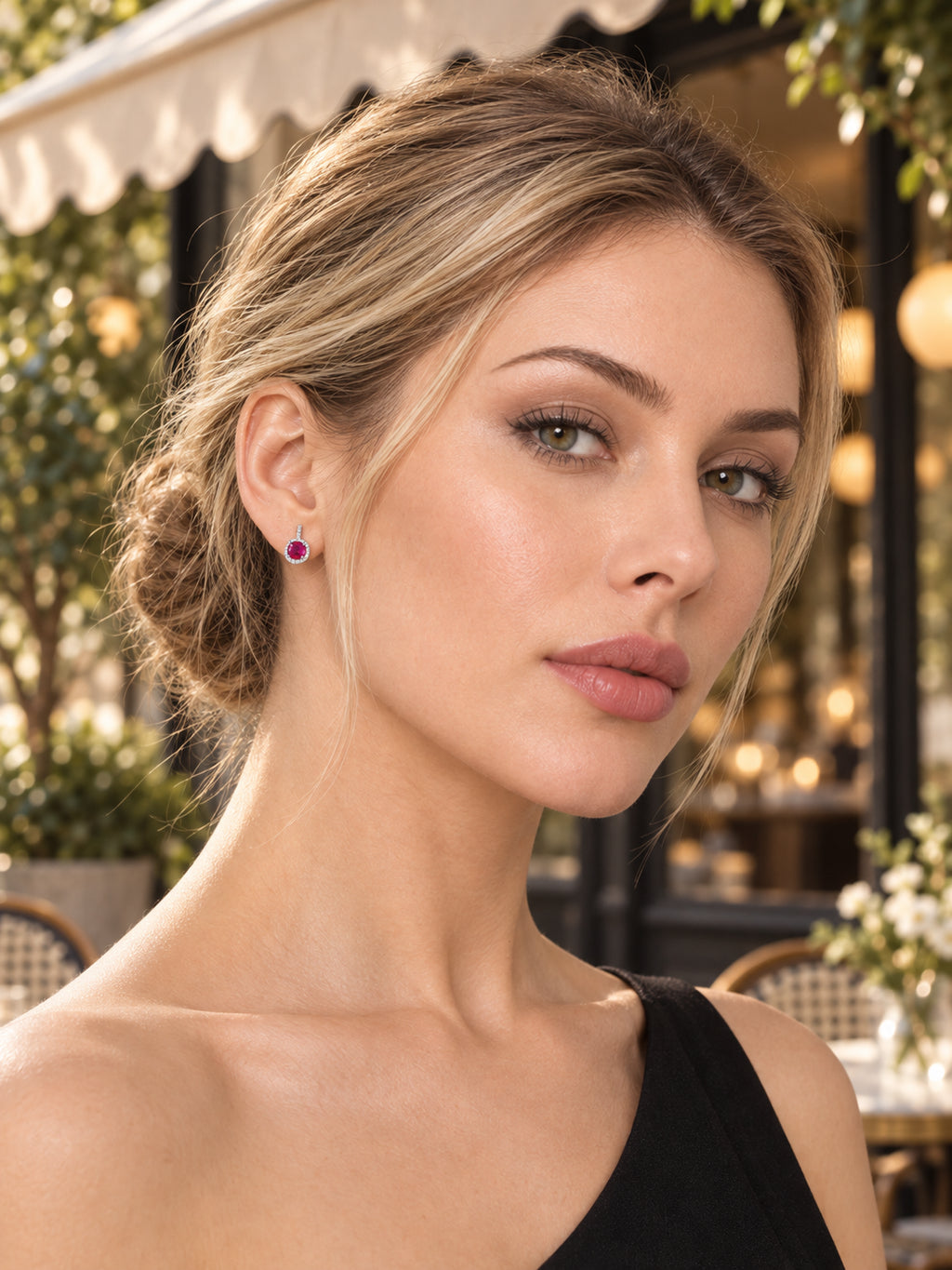 Model wearing Silver Ruby-Red CZ Bezel Studs